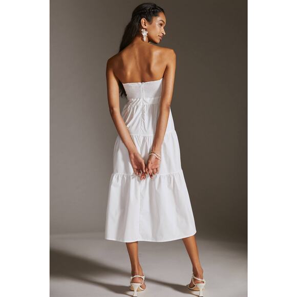 New Anthropologie Strapless Tie-Front Midi Dress $160 MEDIUM White Cutout Tiered - Picture 6 of 7